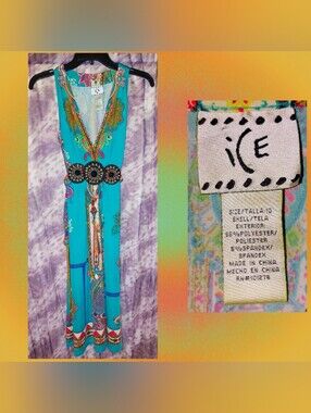 Ice brand Dk Turquoise/Multiclr Filigree/Paisley Prints  Knit Tank Dress Sz 10